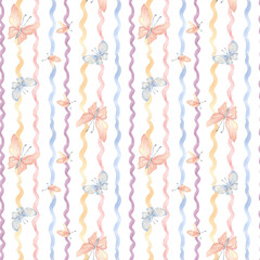 Wavy lines in soft colors vertical seamless pattern isolated on white. Delicate butterflies on whimsical stripes watercolor hand painted. Cute repeat background for nursery wallpaper, textile.