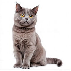 Elegant British Shorthair Posing: A captivating close-up captures the refined beauty of a British Shorthair cat, with its distinctive grey fur and striking amber eyes.