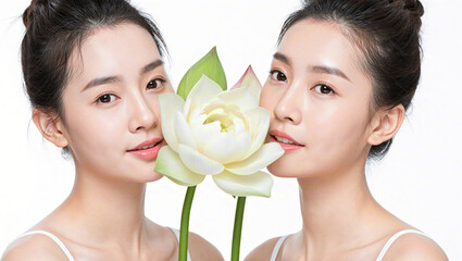 Beauty Advertisement: Two beautiful girls with lovely lotus flowers