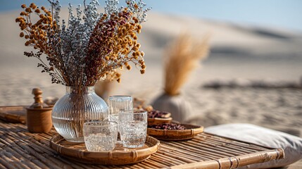 A picnic with light bamboo table and glassware, dried flowers in vase, blurred sand dunes backdrop