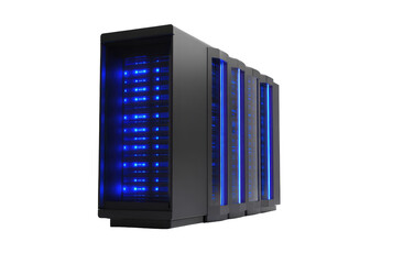Dark gray server rack with glowing blue lights