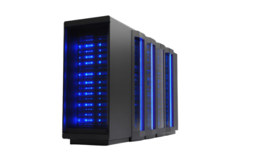 Dark gray server rack with glowing blue lights