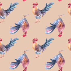Obraz premium Rooster watercolor rural seamless pattern isolated on beige. Folk print with birds hand drawn repeated background for countryside style fabric design, rustic packaging and artisanal textile products.