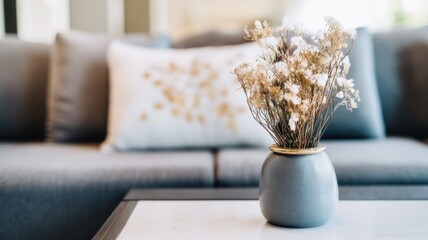 A cozy modern living space with a grey couch and patterned cushions,