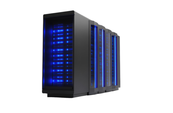 Dark gray server rack with glowing blue lights