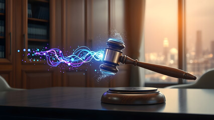 Digital gavel with glowing light trails symbolizes the intersection of law and technology.