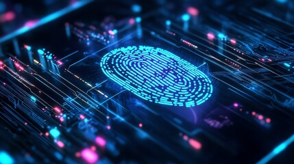 A photo-realistic depiction of secure online transactions featuring a fingerprint scanner and banking icons, emphasizing digital finance security.