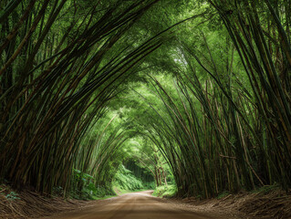 Serene bamboo forest path with lush green canopy and winding dirt road leading into nature