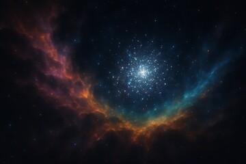 Fototapeta premium A distant star cluster shines brightly amidst swirling nebulous clouds, creating a mesmerizing cosmic spectacle