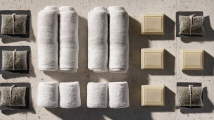 Overhead view of spa products neatly arranged on a concrete surface