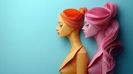 Two stylized paper art profiles of women in orange and pink with intricate hairstyles against serene blue background symbolizing beauty connection harmony and creative feminine design