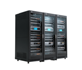 Three server racks, dark gray, glass panels, showing internal components