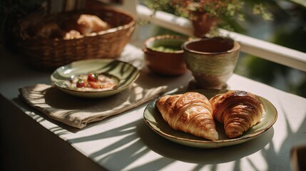 A summer brunch picnic on a balcony, croissants, matcha, and ceramic plates, soft shadow play