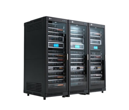 Three server racks, dark gray, glass panels, showing internal components