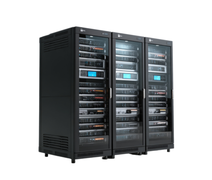 Three server racks, dark gray, glass panels, showing internal components