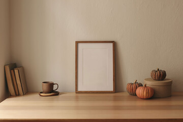 Wooden poster, picture frame mockup. Scandinavian living room interior, home office. Pumpkins, storage box, cup of coffee on table, desk. Autumn Thanksgiving home decor. Beige wall background.