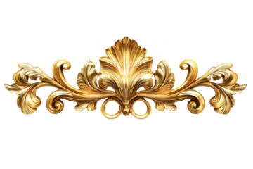 Ornate golden acanthus leaf scrollwork ornament with swirls isolated on transparent background
