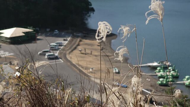 霧島の火口湖、日本最大の火口湖である御池を高台の展望台から見る。4K120fpsスローモーション