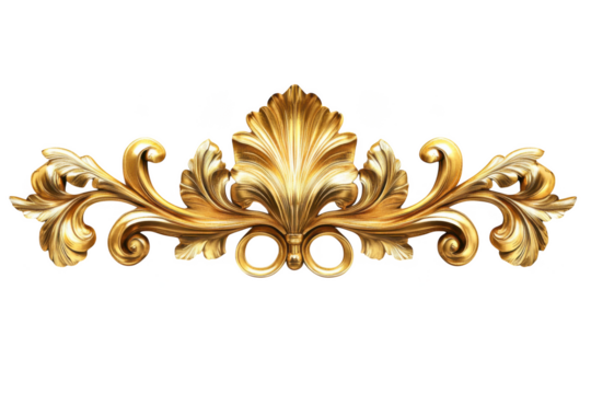 Ornate golden acanthus leaf scrollwork ornament with swirls isolated on transparent background