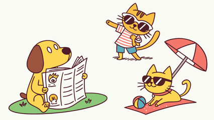 Naklejka premium Cartoon summer vacation scene featuring a dog reading newspaper and cats wearing sunglasses on beach scene