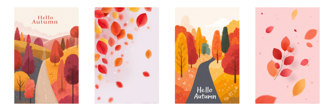 Hello Autumn Poster Set. Seasonal Nature And Landscape Decor Collection Isolated On Transparent Background. Ideal Design for Cover, Brochure, Banner, Social Media, Flyer or Wallpaper