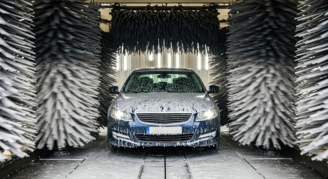 A blue car sits in a wash bay, enveloped by rotating brushes and soapy foam, illuminated by overhead lights