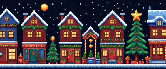 Obraz premium Pixel art arcade game level background for christmas, decorated illuminated city houses, starry night background . 8bit Retro game concept. Large Banner size