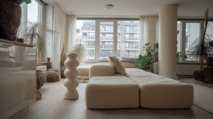 Fototapeta premium A musician plays an instrument in a sunlit living room with large windows,