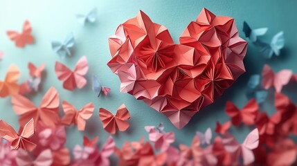 Beautiful origami heart surrounded by delicate paper butterflies in pink red and blue symbolizing love transformation freedom and creative romantic artistic expression in decorative design