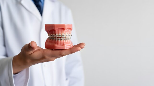 Dentist holding dental model with braces showcasing orthodontic treatment and smile correction for healthy teeth and perfect alignment in a clinical setting