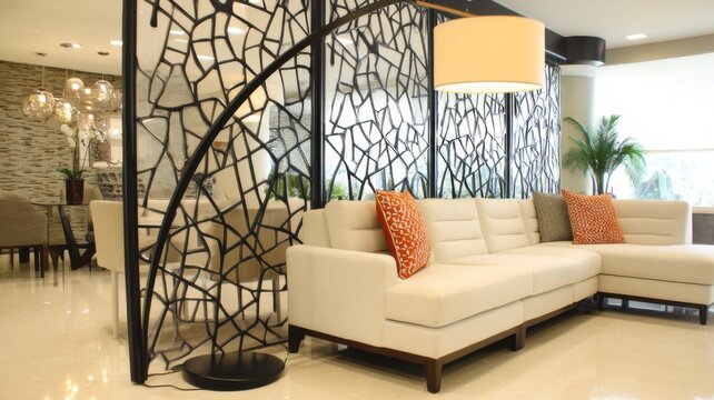 A modern L-shaped couch with orange geometric pillows sits beside a decorative black patterned room divider,