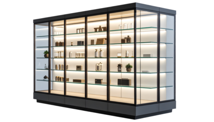 Modern glass display cabinet with lighting for home decoration showcasing items with clear shelves and sleek design