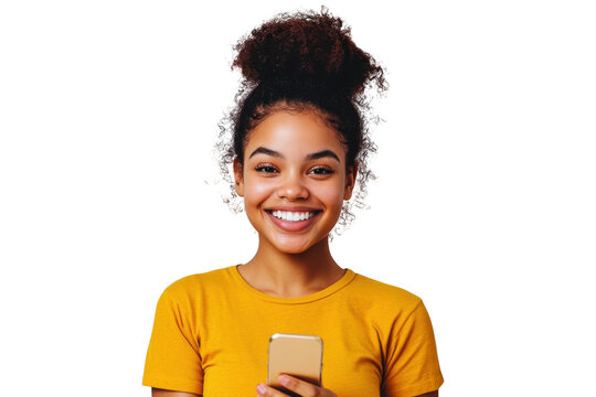 Smiling young woman with curly hair holding a smartphone isolated on transparent background