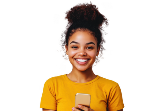 Smiling young woman with curly hair holding a smartphone isolated on transparent background
