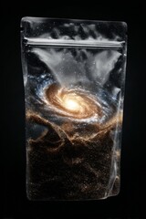 Coffee beans with a swirling galaxy inside a transparent pouch