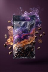 Coffee pouch with a galaxy and smoke on a purple background