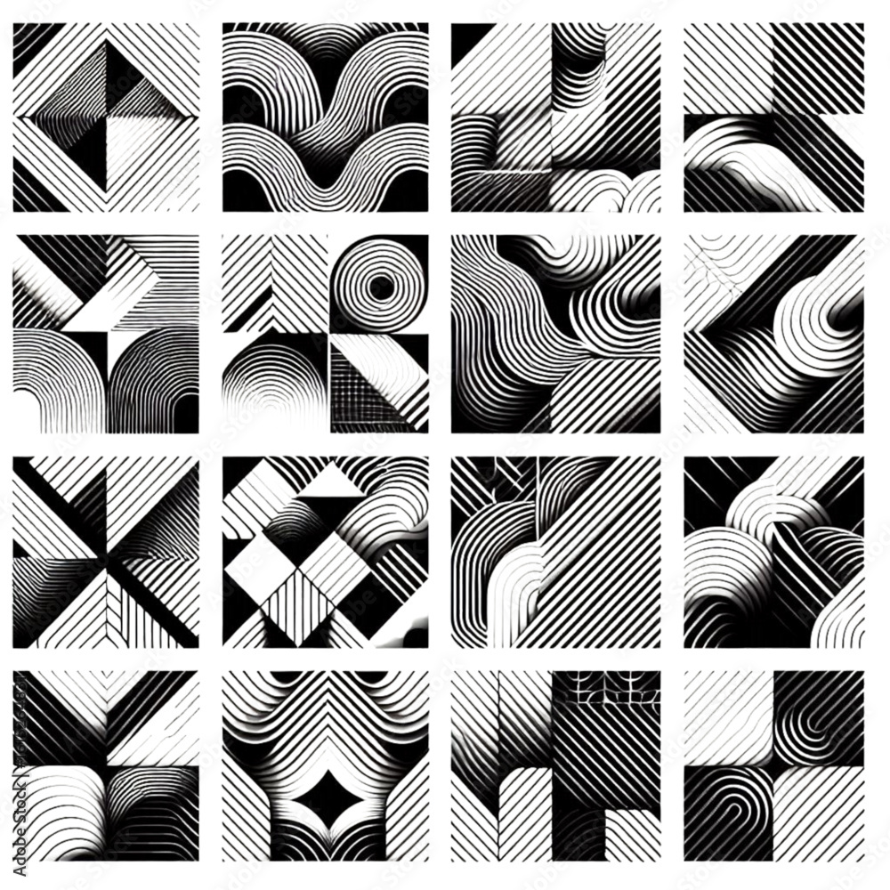 Poster abstract black and white geometric patterns in various shapes