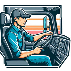 Truck driver operating vehicle in cabin with focused expression  