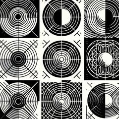 Abstract black and white geometric patterns with circular designs  