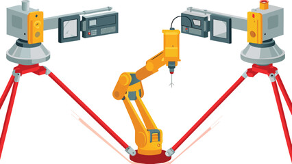 Illustration of a robotic arm between two cameras on tripods in a laboratory setting for automation