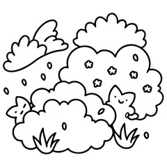 Cute cartoon cats hiding among bushes with whimsical clouds  