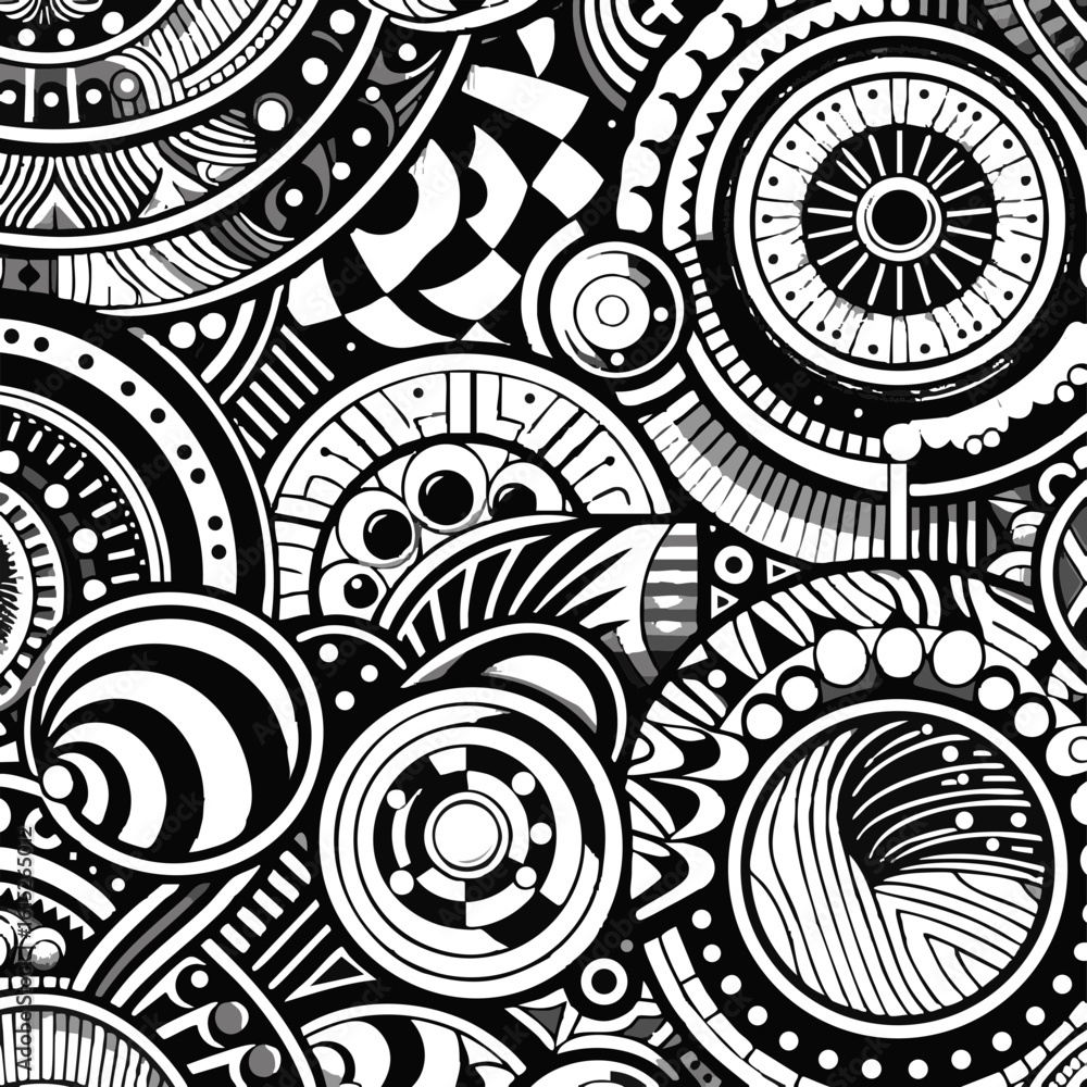 Poster abstract black and white circular patterns with intricate designs