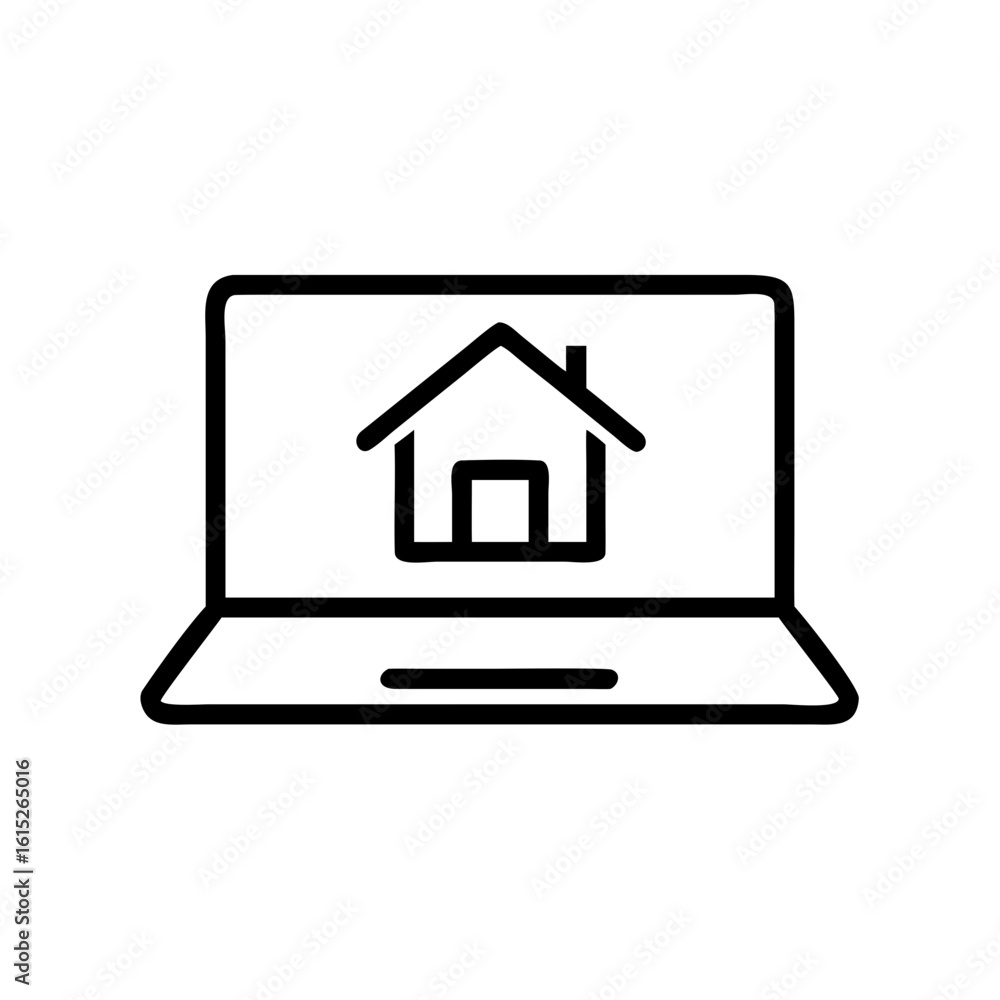 Poster laptop displaying house icon in minimalist style on white background