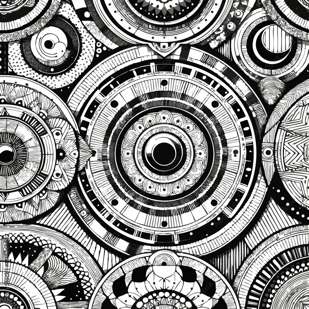 Poster abstract black and white circular patterns with intricate designs