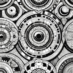 Abstract black and white circular patterns with intricate designs  