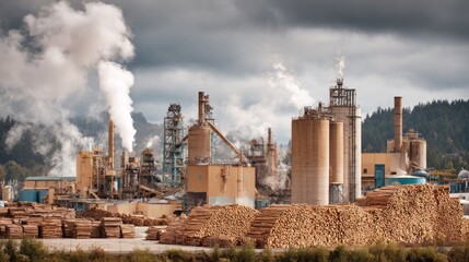 Industrial lumber mill under a stormy sky