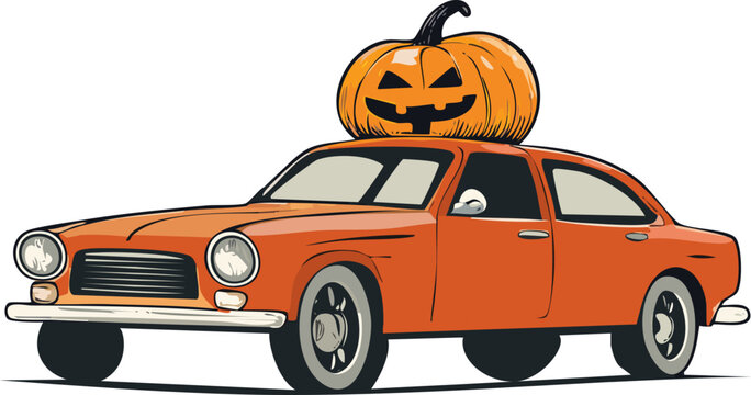 A car is decorated with a carved pumpkin for Halloween celebrations