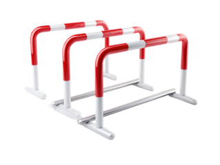 Three pairs of red and white striped safety barriers