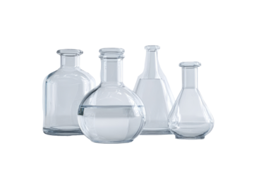 Clear glass laboratory flasks, various shapes, filled with a clear liquid