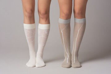 Two pairs of female legs wearing different knee-high socks